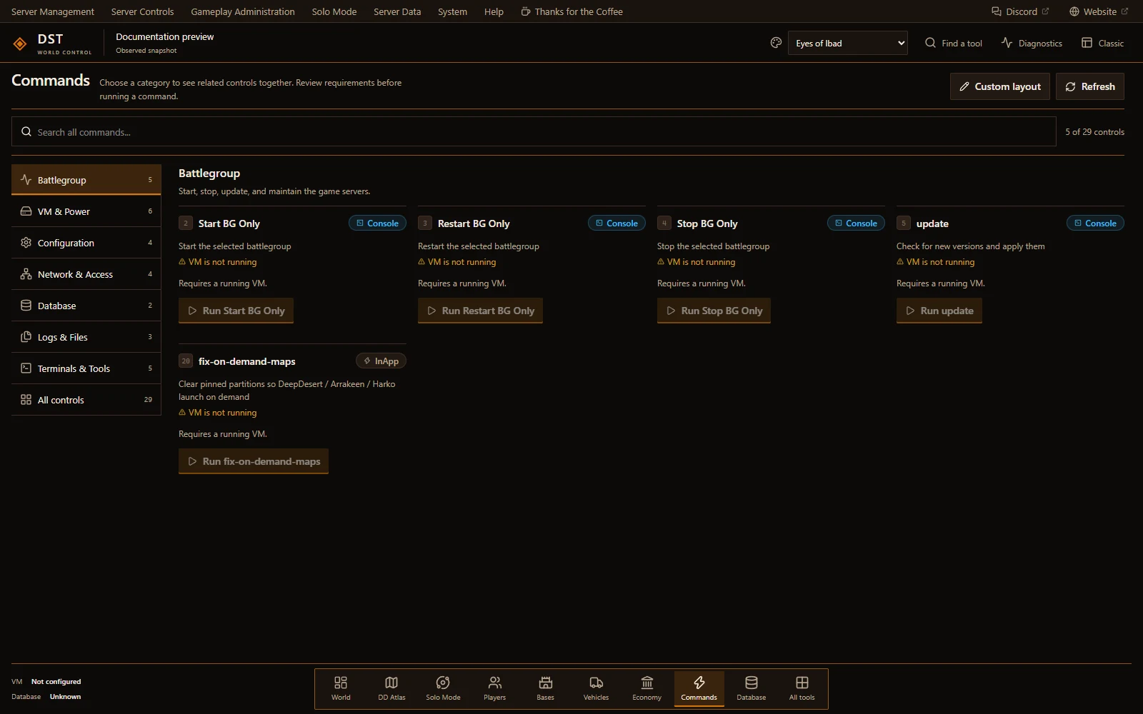 Command Deck Commands workspace with category navigation and unavailable server operations in an offline preview