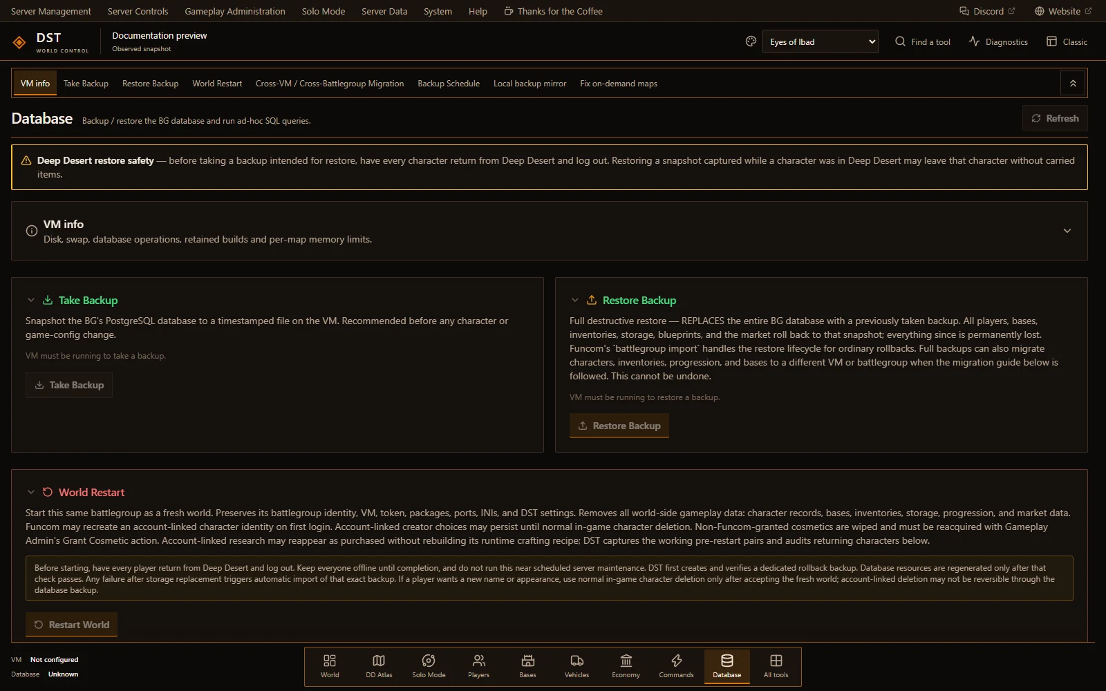 Database workspace displaying Deep Desert restore safety and disabled backup and restore actions without a running VM